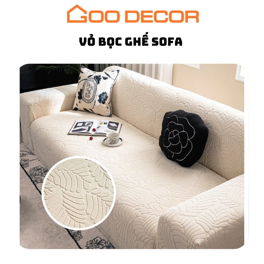 Bọc ghế sofa hoạ tiết lá vải nhung, bọc sofa đơn, sofa chữ L dày dặn co giãn mềm mại - GOO Decor