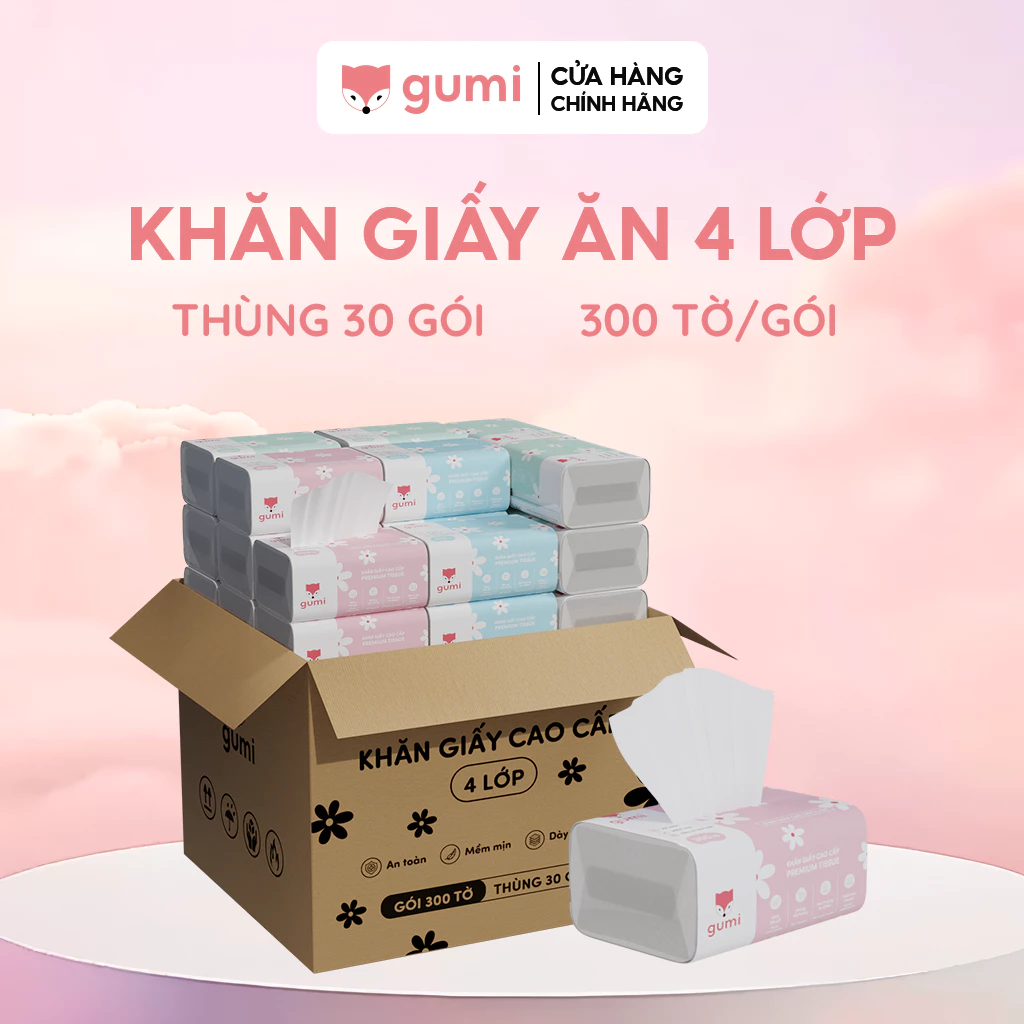 Thùng 30 gói giấy ăn cao cấp Gumi 3 lớp / 4 lớp mềm mịn, tiện lợi Khăn Giấy để Phòng Khách