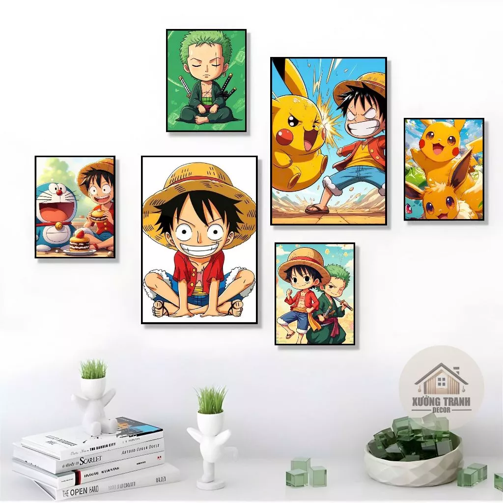 Set 6 tranh decor trang trí phòng bé, OnePiece, Doraemon, Phi hành gia,... hoạt hình cute có sẵn keo dán chuyên dụng