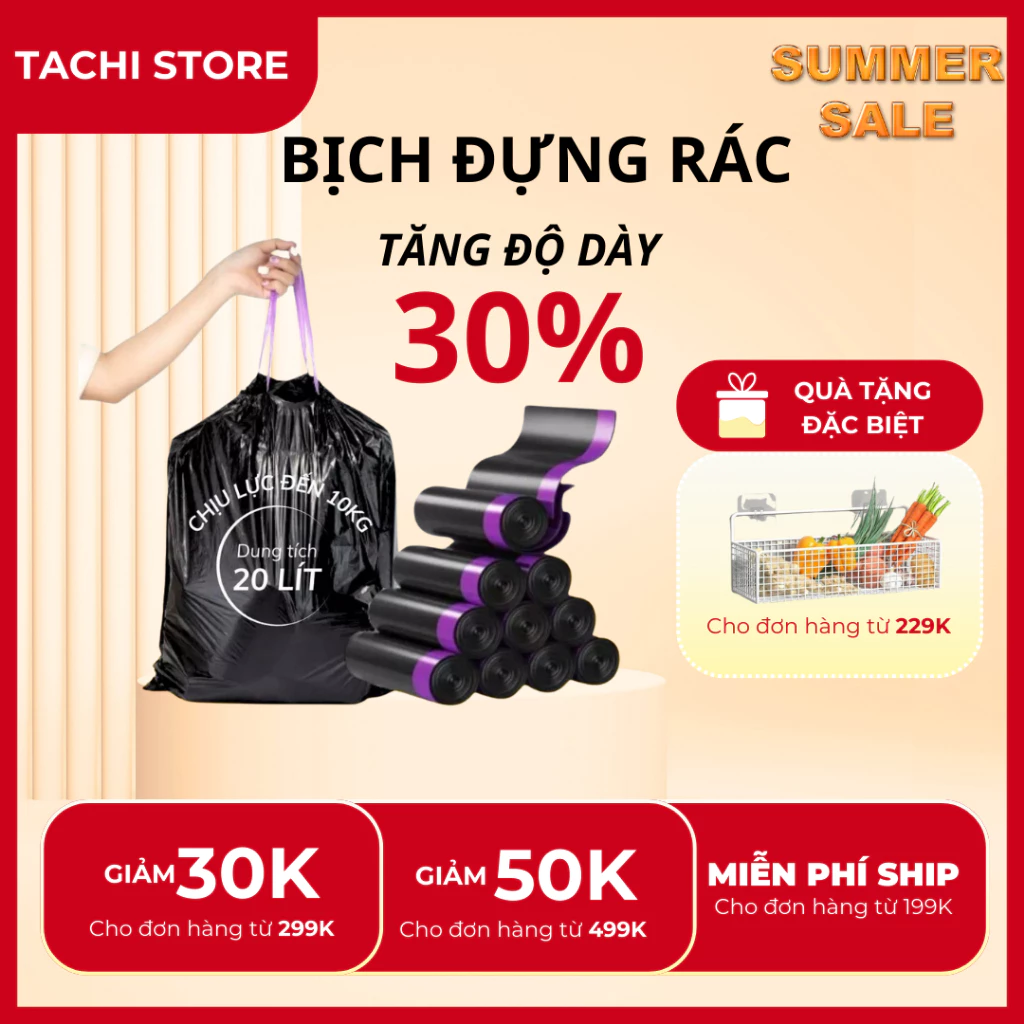 Túi bóng đen đựng rác có dây rút TACHI STORE bao đựng rác tự phân hủy chịu lực 10kg dung tích 20l chống gỉ nước
