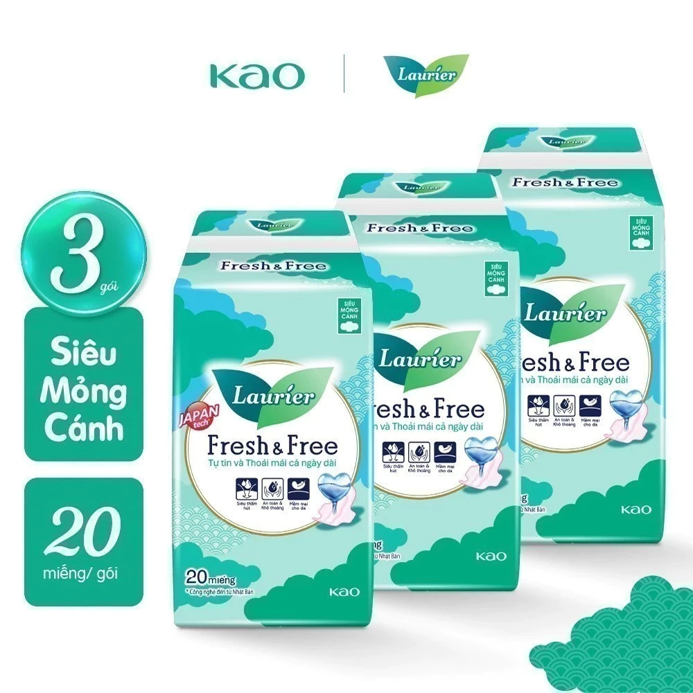 Combo 3 Băng vệ sinh Laurier Fresh & Free Siêu Mỏng Cánh 20 miếng/gói