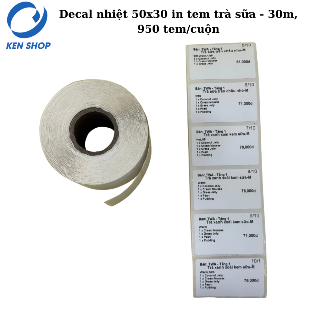 Giấy in tem trà sữa 50x30 - Decal nhiệt 30m (950 tem) - In tem nhanh chóng, sắc nét