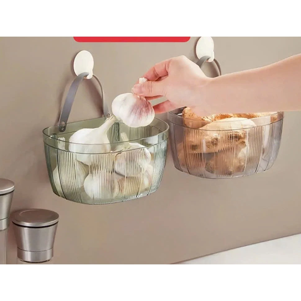 Giỏ Treo Tường Nhà Bếp Đựng Tỏi, Gừng, Rau Củ – Nhựa Dẻo Có Quai Dán Tường Tiện Lợi