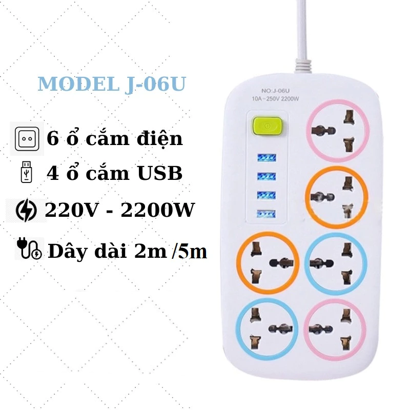 Ổ cắm điện đa năng thông minh 6 ổ cắm 2200w dây dài 2m/5m 4 cổng USB tiện lợi an toàn chống cháyB16U