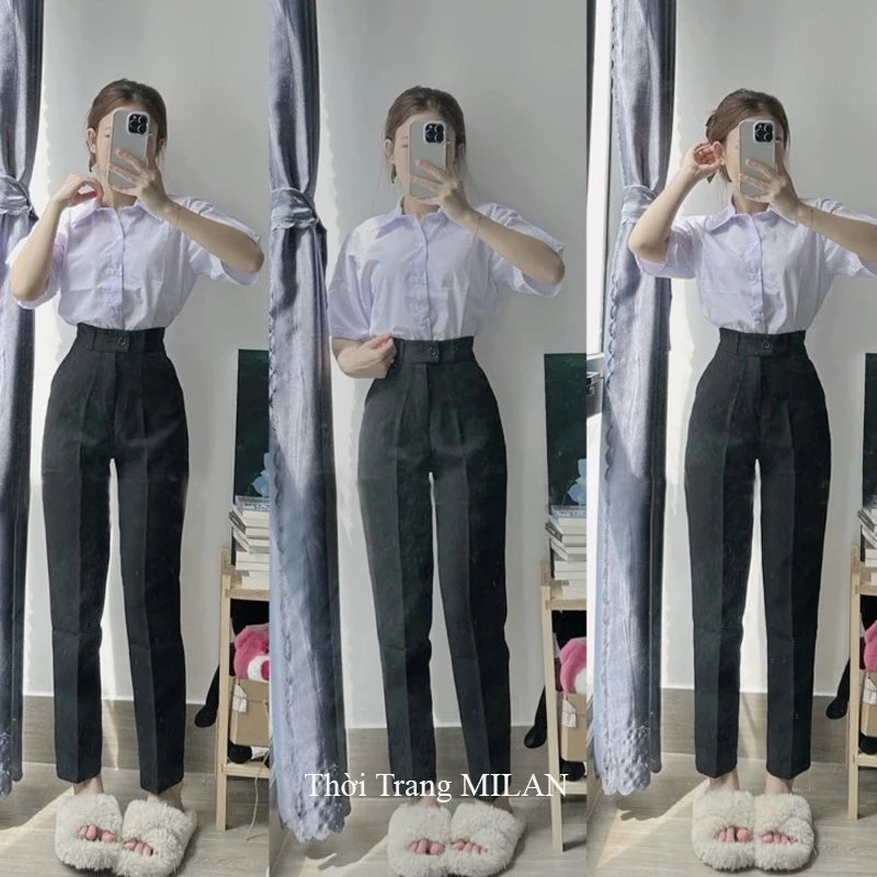 (DÀI 88-95-103CM)Quần tây nữ lưng cao đi học cạp M609 ống đứng suông dài dáng quần vải baggy học sinh cấp 3 2 đi học