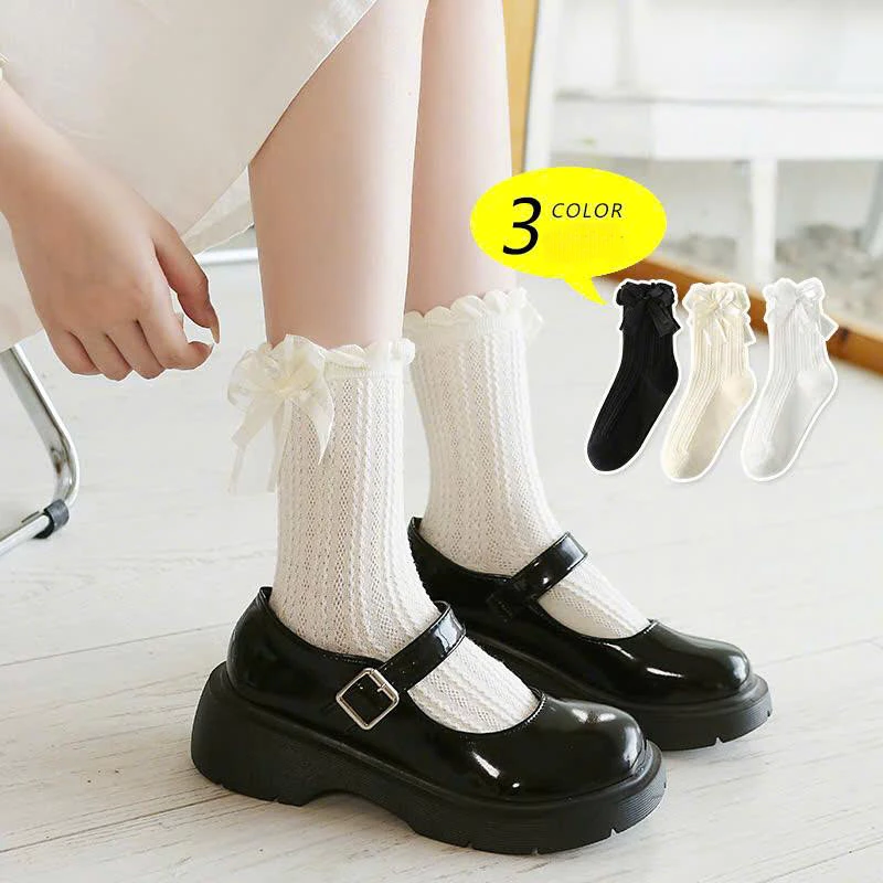 Tất Vớ Nữ Cổ Cao Cotton Thắt Nơ 2 Lớp Viền Phồng Phong Cách Nhật Bản TCC28