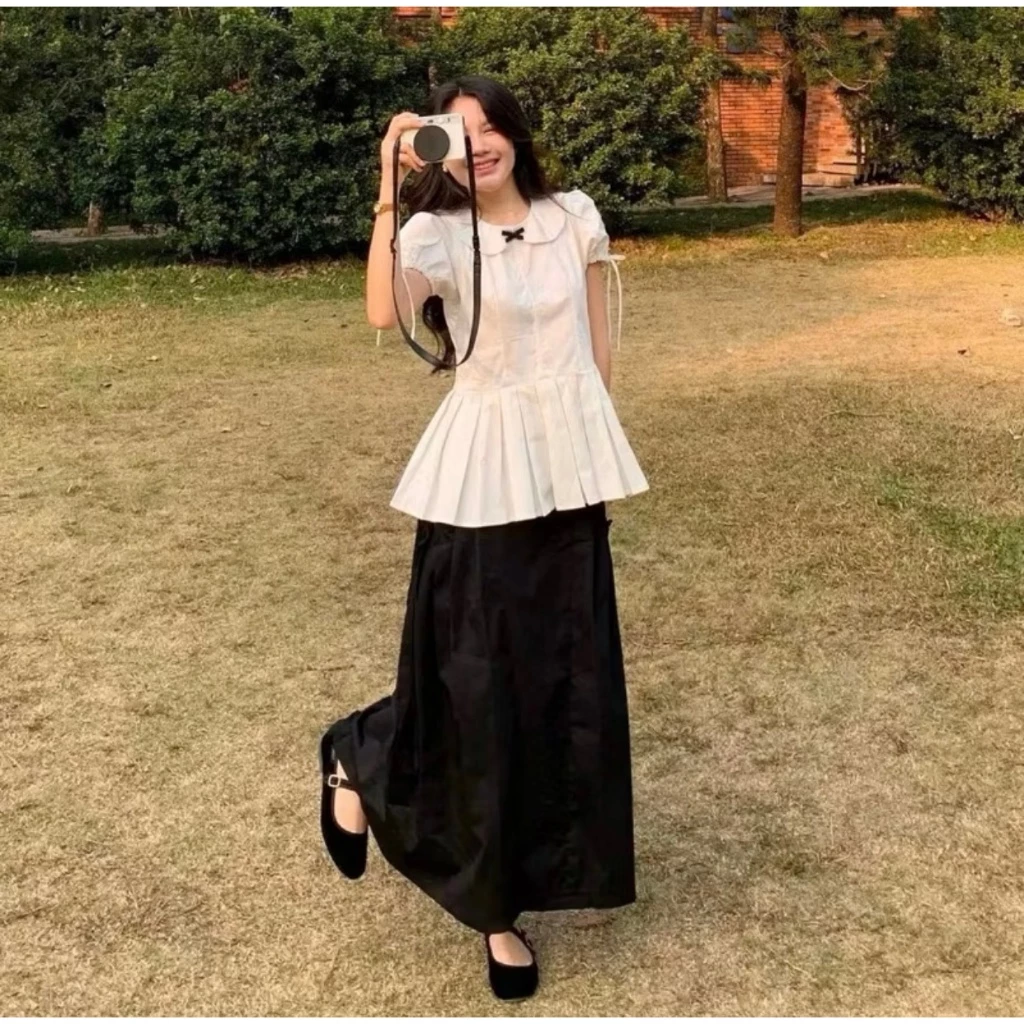 Áo sơ mi cổ sen dáng baby doll chiết eo xếp ly đính nơ MUZA  A13