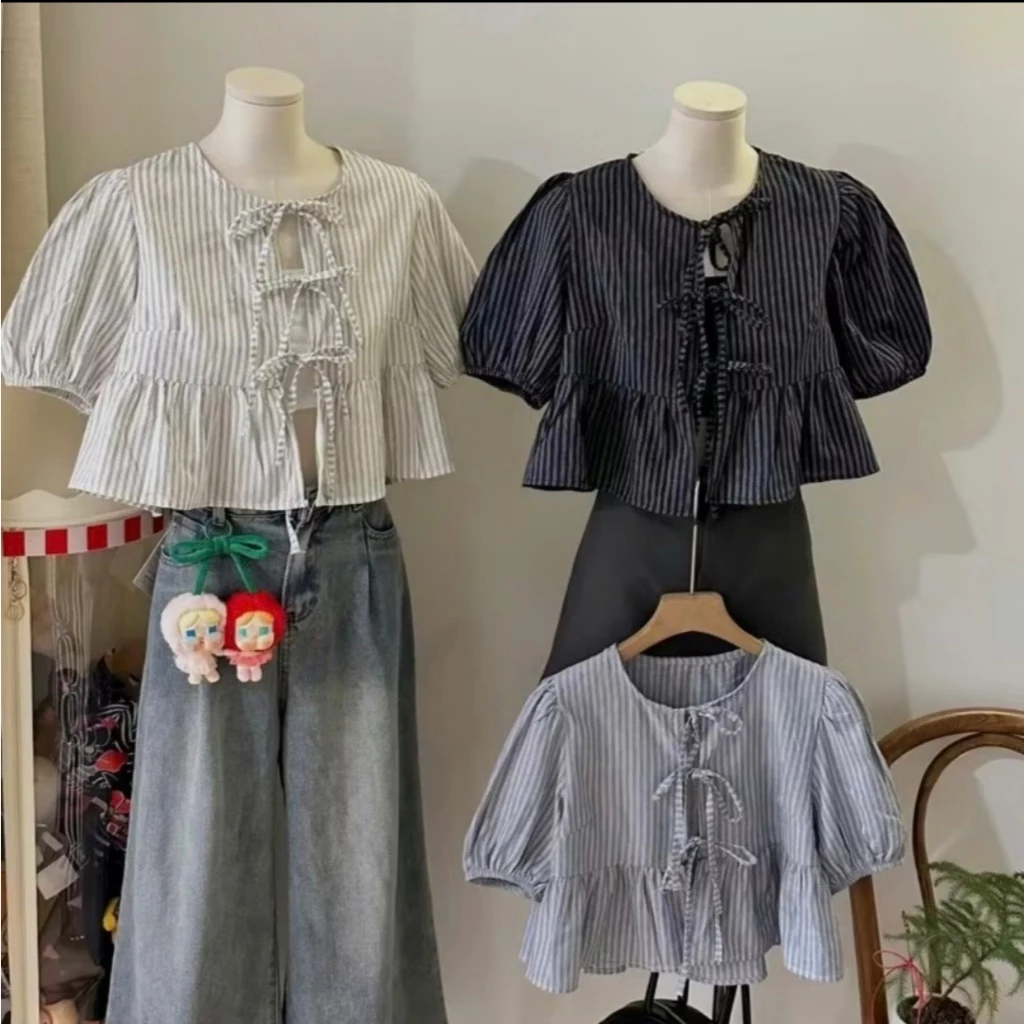 Áo babydoll kẻ buộc nơ kèm áo quây trắng, dáng ngắn tay nỡ bo chun MUZA  A18