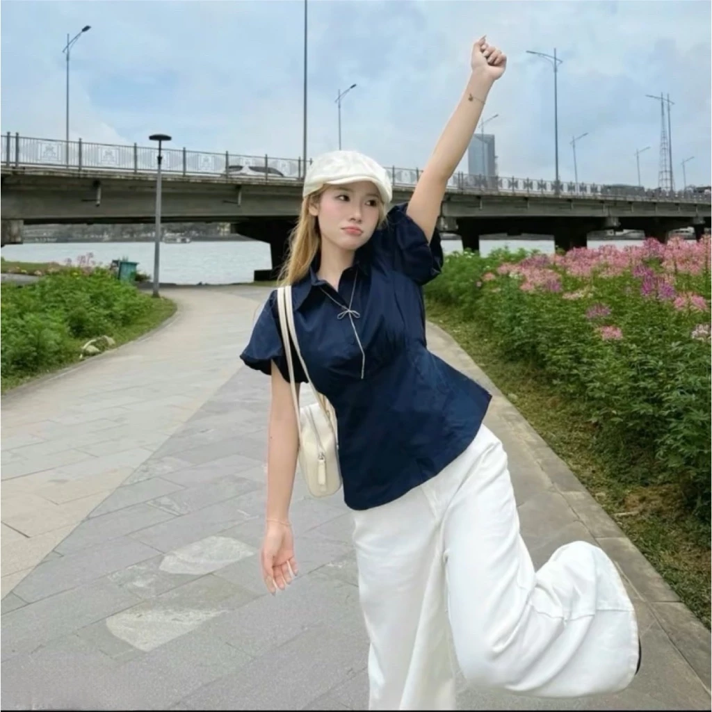 Áo sơ mi tay bồng dây buộc eo dáng babydoll MUZA SM10