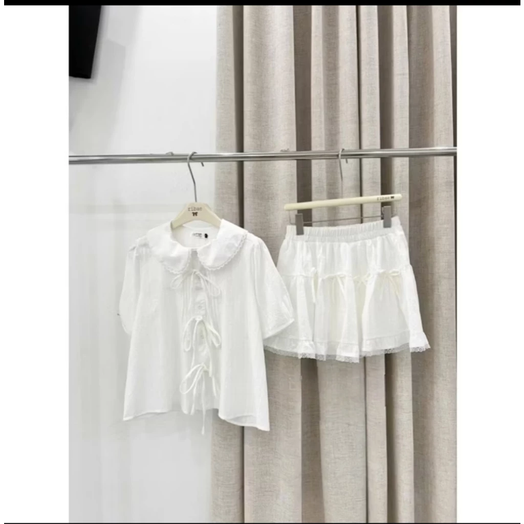 Set áo babydoll cổ ren buộc nơ kèm chân váy cạp chun basic dễ mặc MUZA S003