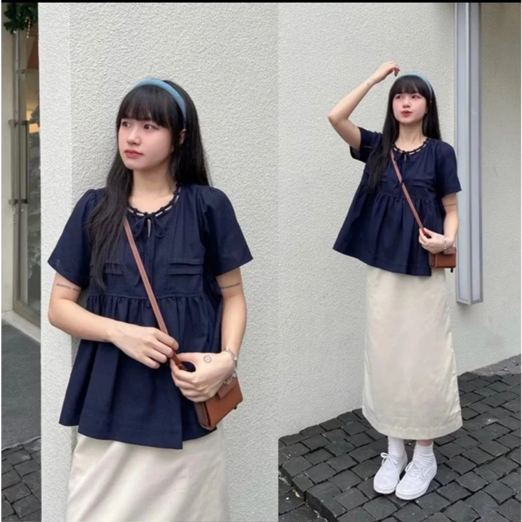 Áo baby doll cổ buộc nơ cổ rào siêu xinh MUZA  A14