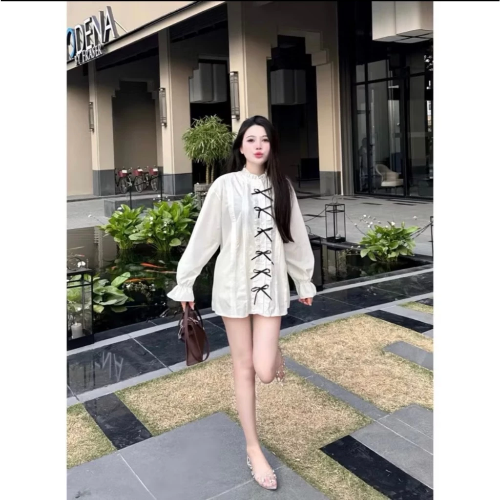 Áo sơ mi giấy giấu quần tay loe đính nơ trang trí, babydoll bánh bèo MUZA SM03
