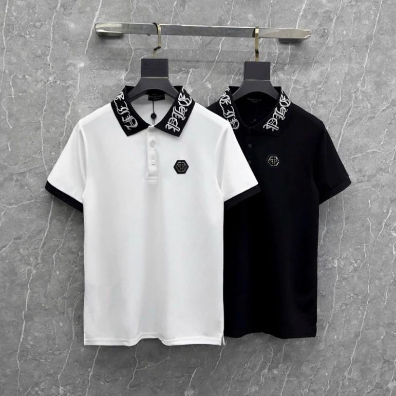 Áo polo nam nữ cổ bẻ Philipp Plein cotton gai thêu logo qp sắt ngực phối cổ dệt nổi chữ vintage Hàng Qc 2026
