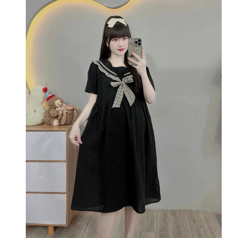 (Có size đến 100kg)Váy bầu,đầm bầu bigsize dáng công sở phối nơ cổ cực xinh và thanh lịch