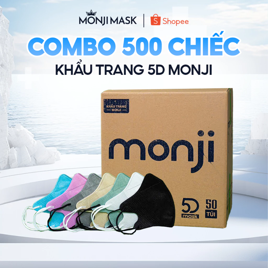 Thùng 500 Chiếc Khẩu Trang 5D Monji Cao cấp - Công Nghệ Nhật Bản 3 Lớp Lọc Khuẩn, Quai Vải Mềm Mại