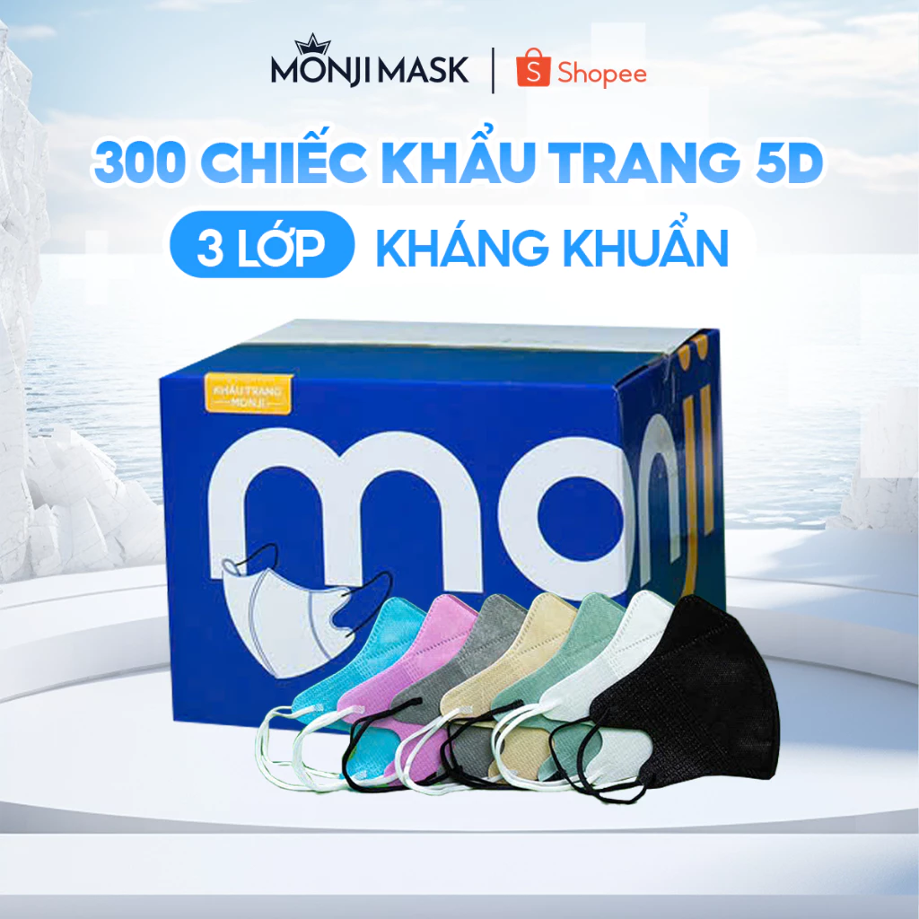 Combo 300 Chiếc Khẩu Trang 5D Monji 3 Lớp Vải Lọc Khuẩn, Ngăn Bụi, Ôm Sát Thoáng Khí.