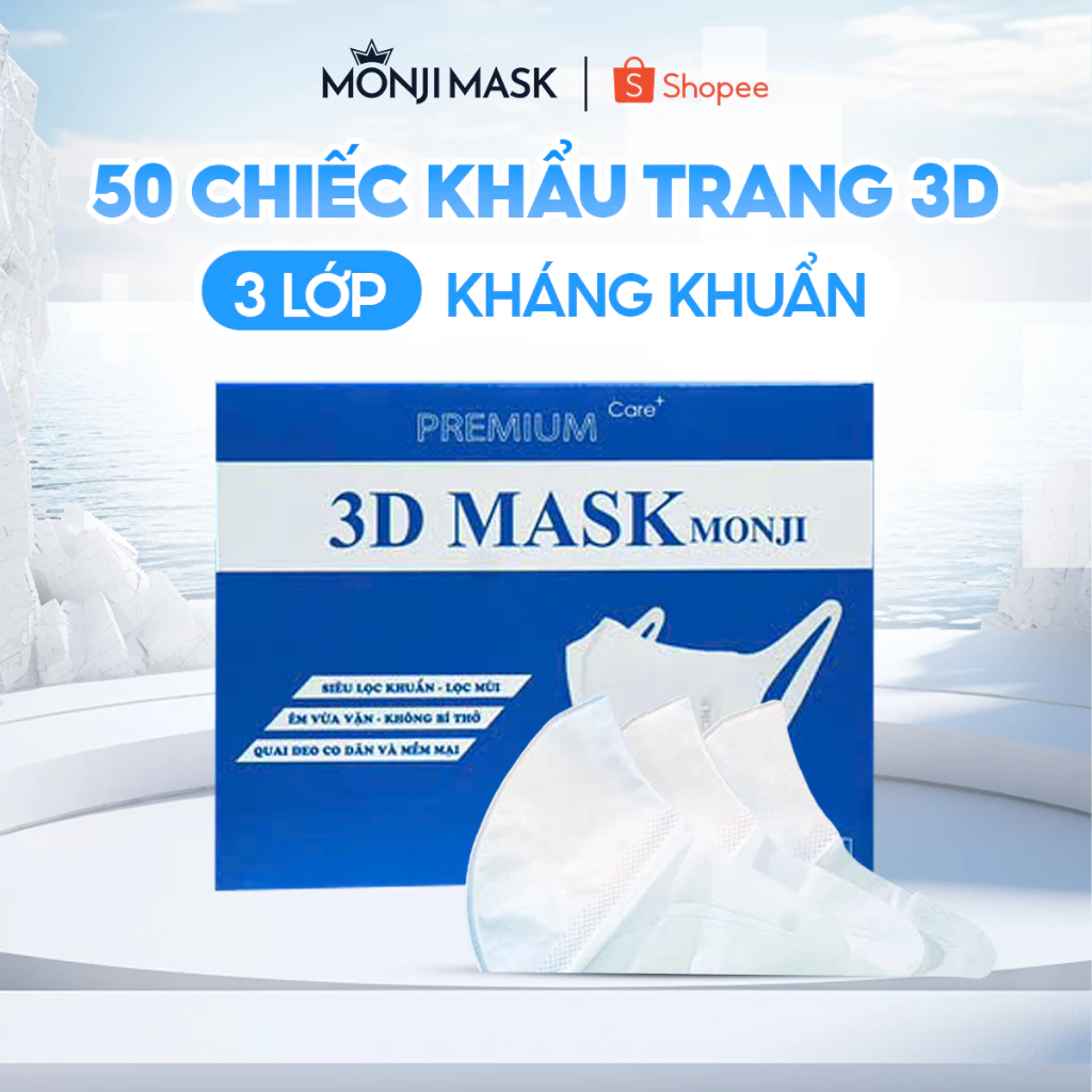 Hộp 50 Chiếc Khẩu Trang 3D Monji 3 Lớp Vải lọc Khuẩn Ngăn Bụi Quai Đeo Êm Tai
