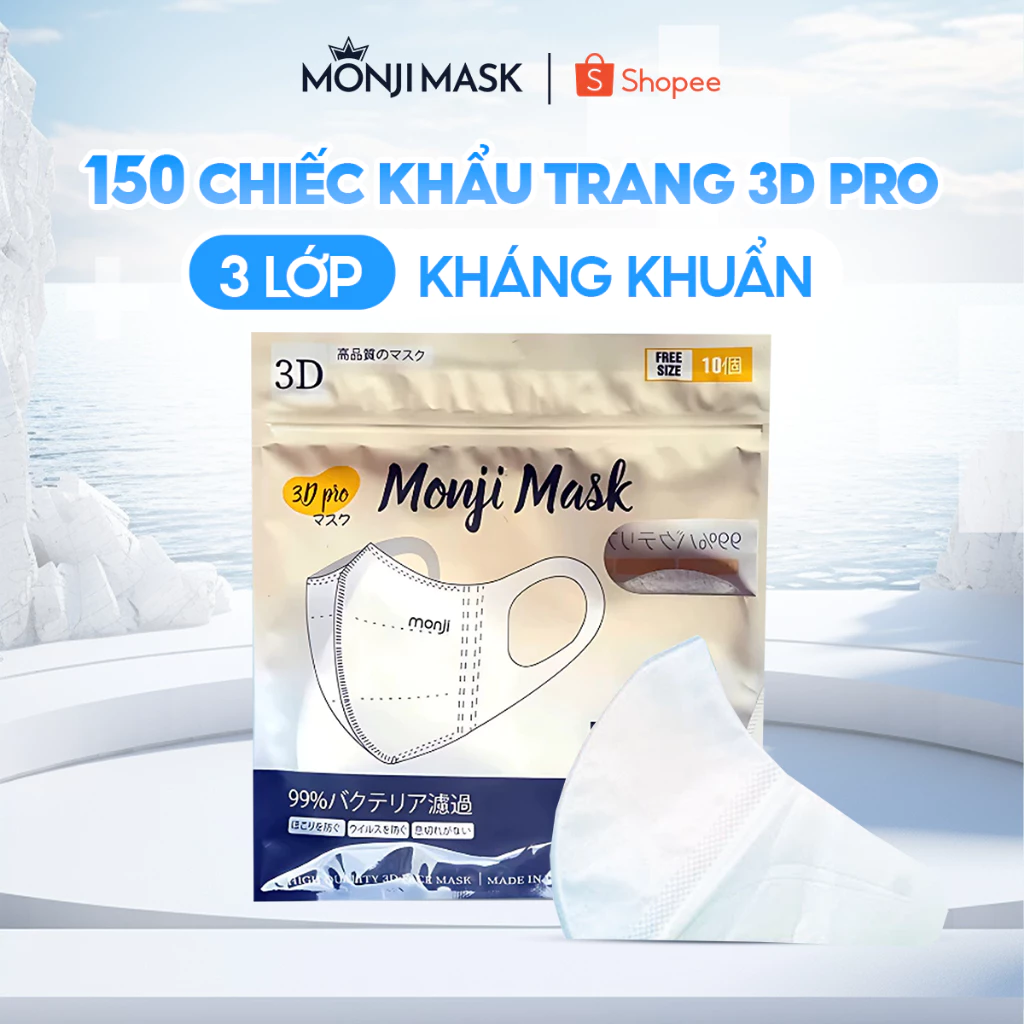 Combo 15 Túi 150 Chiếc Khẩu Trang 3D Pro Monji 3 Lớp Lọc Khuẩn Ngăn Bụi ,Quai Vải Siêu Mềm.