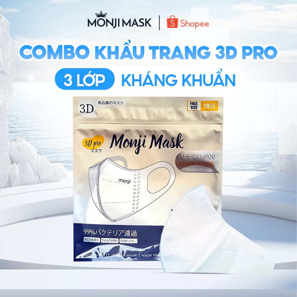 Combo 20 Túi 200 Chiếc Khẩu Trang 3D Pro Monji 3 Lớp Lọc Khuẩn, Ngăn Bụi, Quai Vải Siêu Mềm.