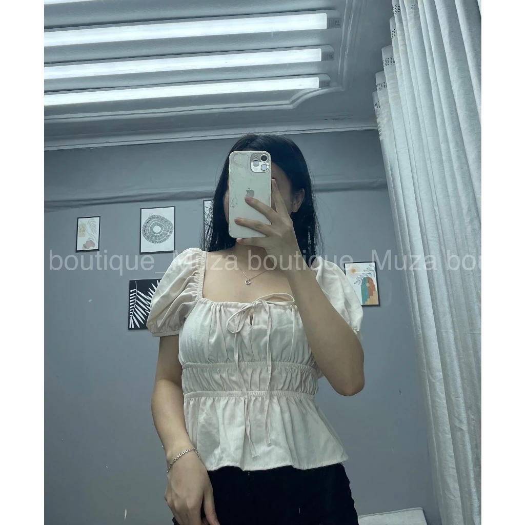 Áo babydoll dúm eo mặc trễ vai hoặc trên vai cổ buộc nơ, áo tiểu thư tay xinh MUZA  A17