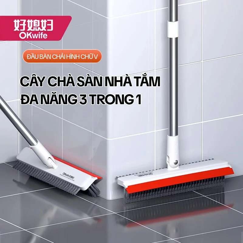 Cây Chà Sàn Nhà Tắm Đa Năng OKwife AGW-3458 – Bàn Chải Chà Sàn 3 Trong 1, Gạt Nước Silicon, Cán Dài 123cm, Xoay 180°