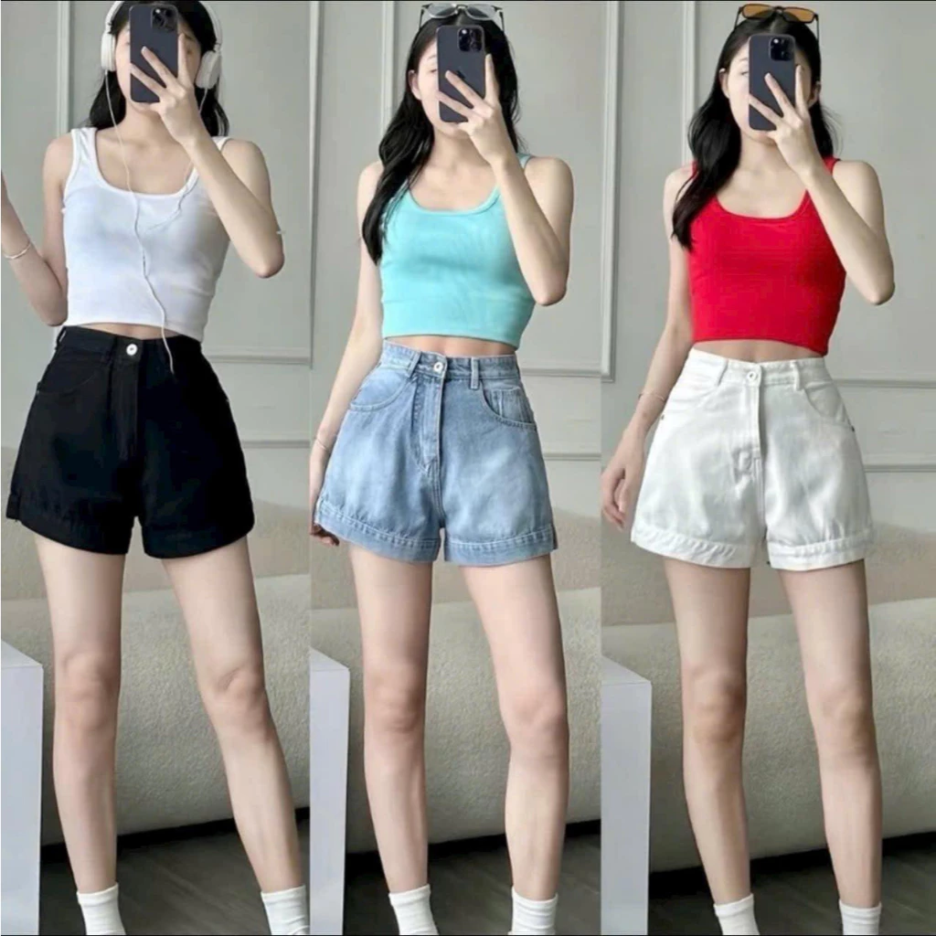 Quần short bò lưng cao ống rộng phom chữ A, nâng 3 hack dáng cho mùa hè năng động mã Short01