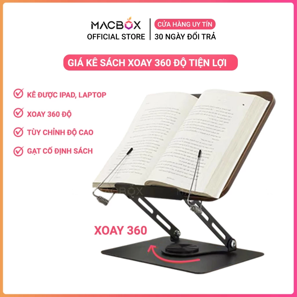 Giá Đỡ Sách, Giá Kê Sách Xoay 360 Độ, Đỡ Laptop, Ipad, Bảng Vẽ Có Kẹp Sách Bằng Gỗ, Thép Carbon