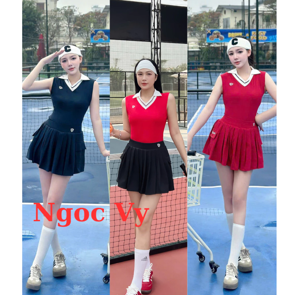 Bộ tập pickleball nữ, áo 3 lỗ dài mix chân váy cạp cao tập pickleball, tennis, cầu lông, thể thao đi biển dều đẹp