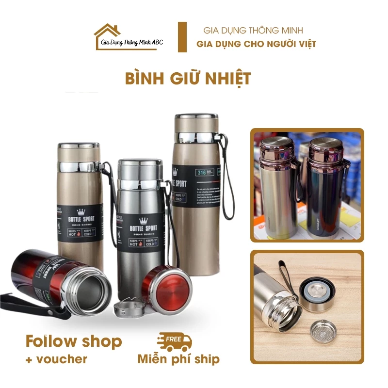 Bình nước giữ nhiệt 1000ml ruột inox 304 cao cấp LoChi, bình giữ nhiệt nóng lạnh có lưới lọc trà và dây treo New