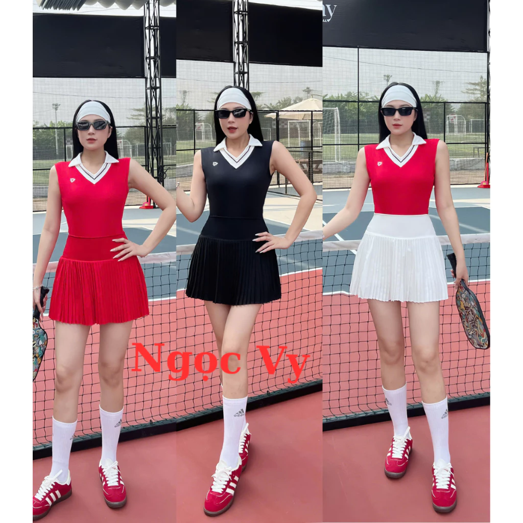 Bộ váy xếp ly áo phối cổ thể thao, năng động đi bơi, tập Gym Yoga, chạy bộ, Aerobic pickleball, tennis, cầu lông