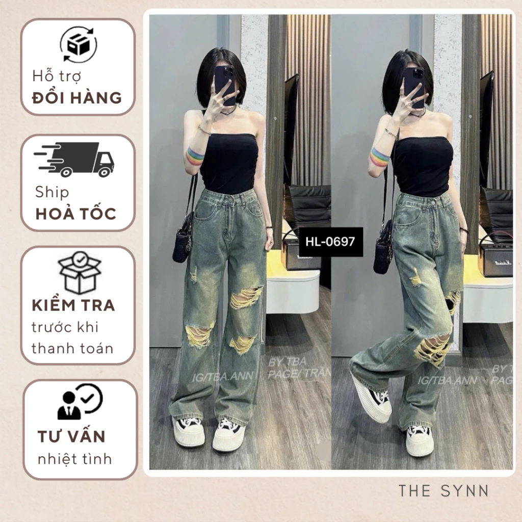 Quần Jean Nữ Ống Đứng Lưng Cao Phối Tua Rách Màu Bụi Cá Tính The Synn - QJ17