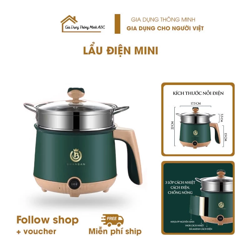 Nồi Điện Đa Năng Cao Cấp, Nồi Lẩu Điện Mini Nồi Cơm Điện Mini Đa Năng, Ca Nấu Mì Chống Dính 1.8L - N2