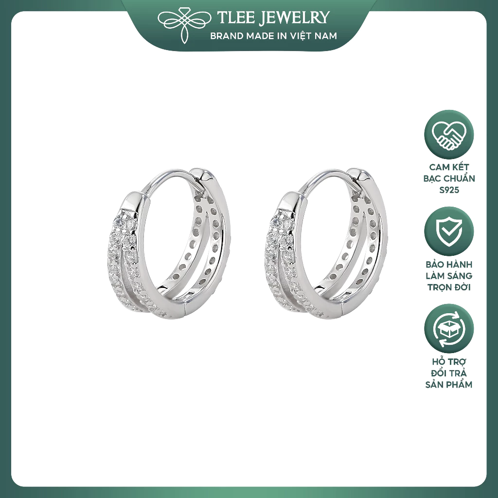 Bông tai bạc nữ TLEE hai tầng chốt bấm viền đính đá cá tính TLEE JEWELRY B0544