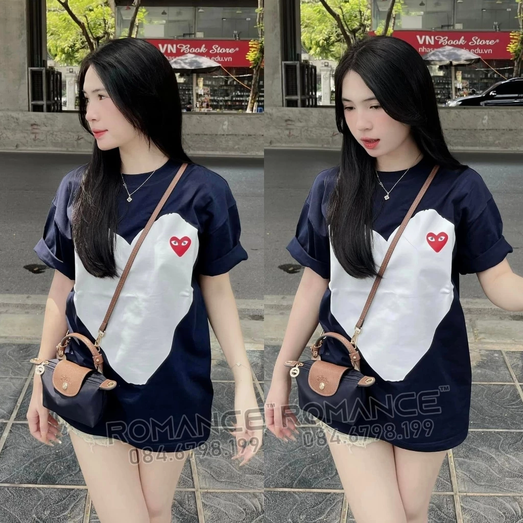 Áo Thun In Hình Trái Tim Trước Áo Siêu Nét, Áo Phông Nữ Form Rộng Tay Lỡ Chất Cotton Cao Cấp Màu Xanh Than Hottrend 2025