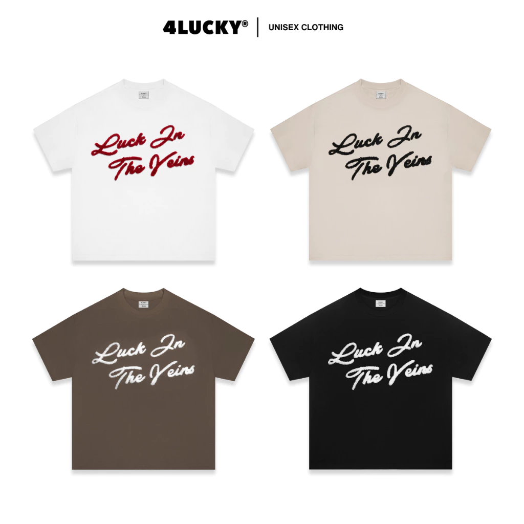 Áo Thun Boxy Thêu Xù "LUCK IN THE VEINS" 4Lucky 6419, Áo Thêu Xù Cá Tính Unisex, Chất Cotton Co Giãn Thoáng Mát Nam Nữ