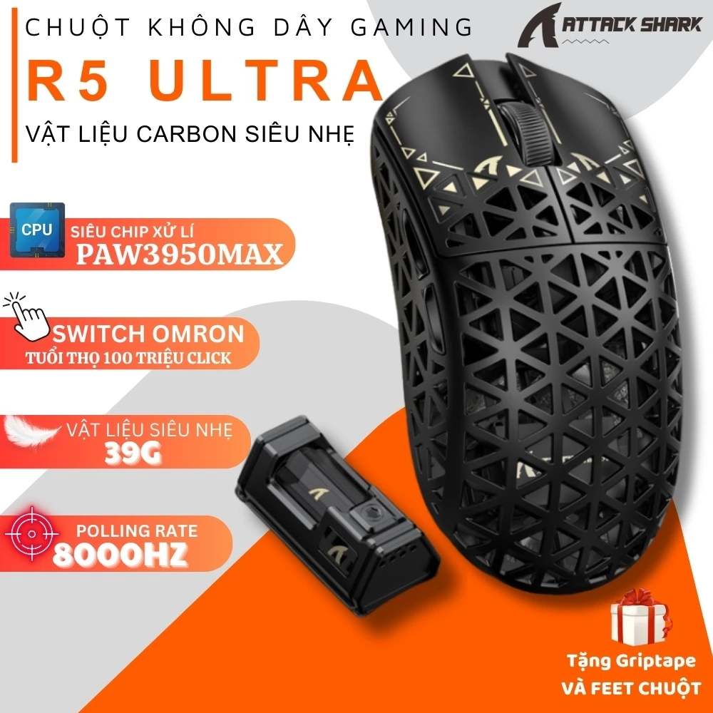 Chuột Gaming Attack Shark R5 Ultra - Siêu Nhẹ 39g, Polling 8KHz, PixArt PAW3950MAX, 3 Chế Độ Kết Nối