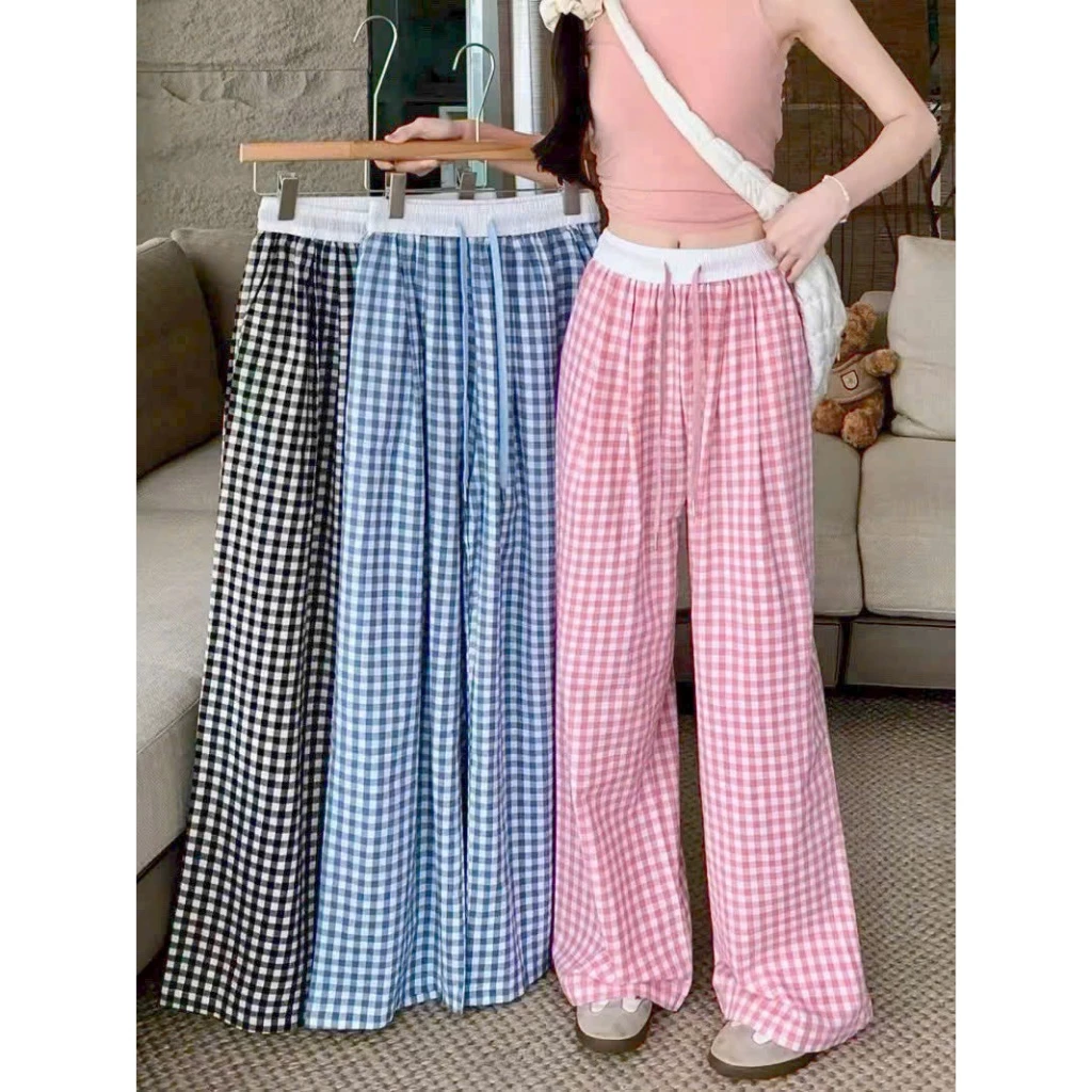 Quần Suông Kẻ Nữ Cạp Cao Dài 100 cm