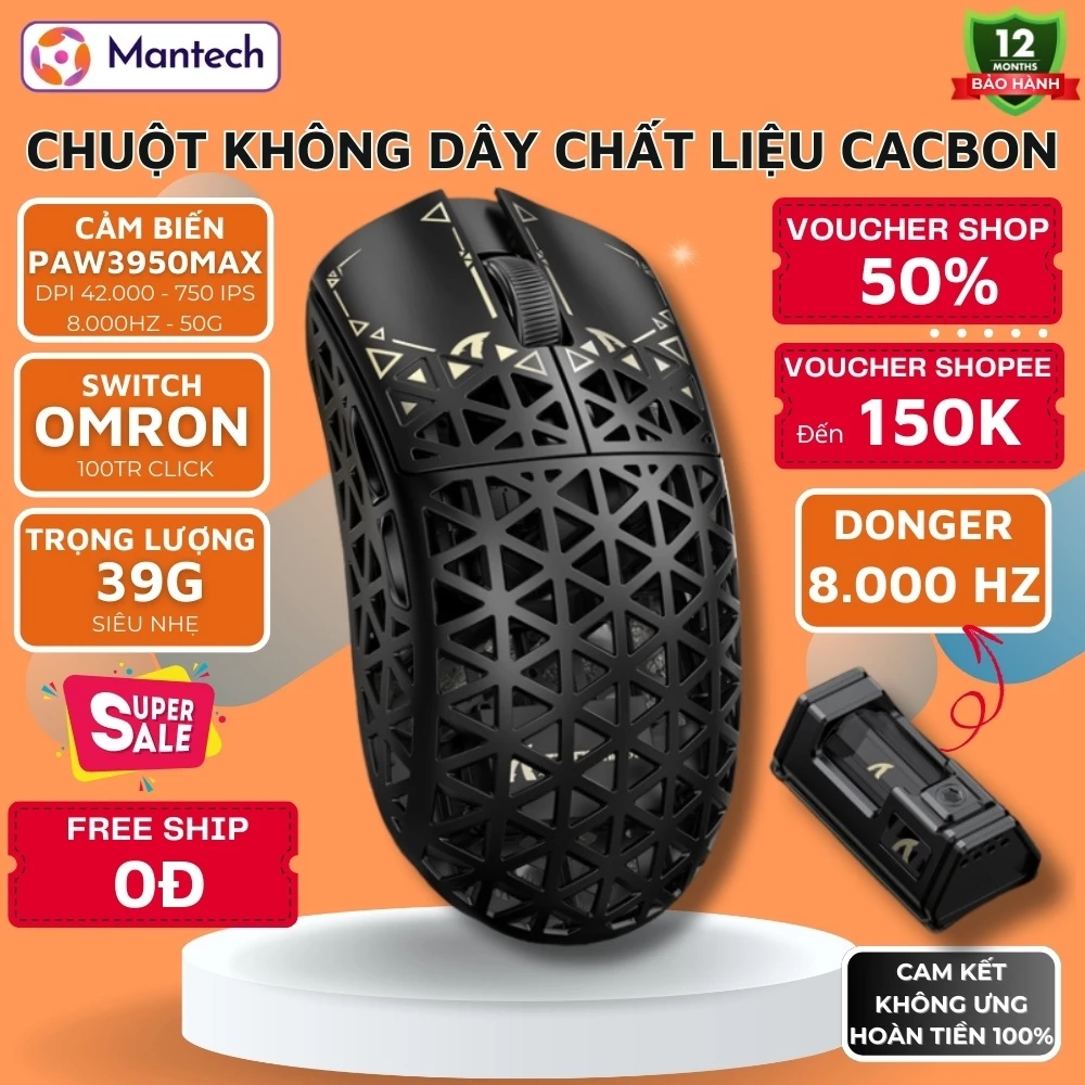 Chuột Gaming Attack Shark R5 Ultra - PixArt PAW3950MAX, 42.000 DPI, Siêu Nhẹ 39g, Donger 8.000Hz