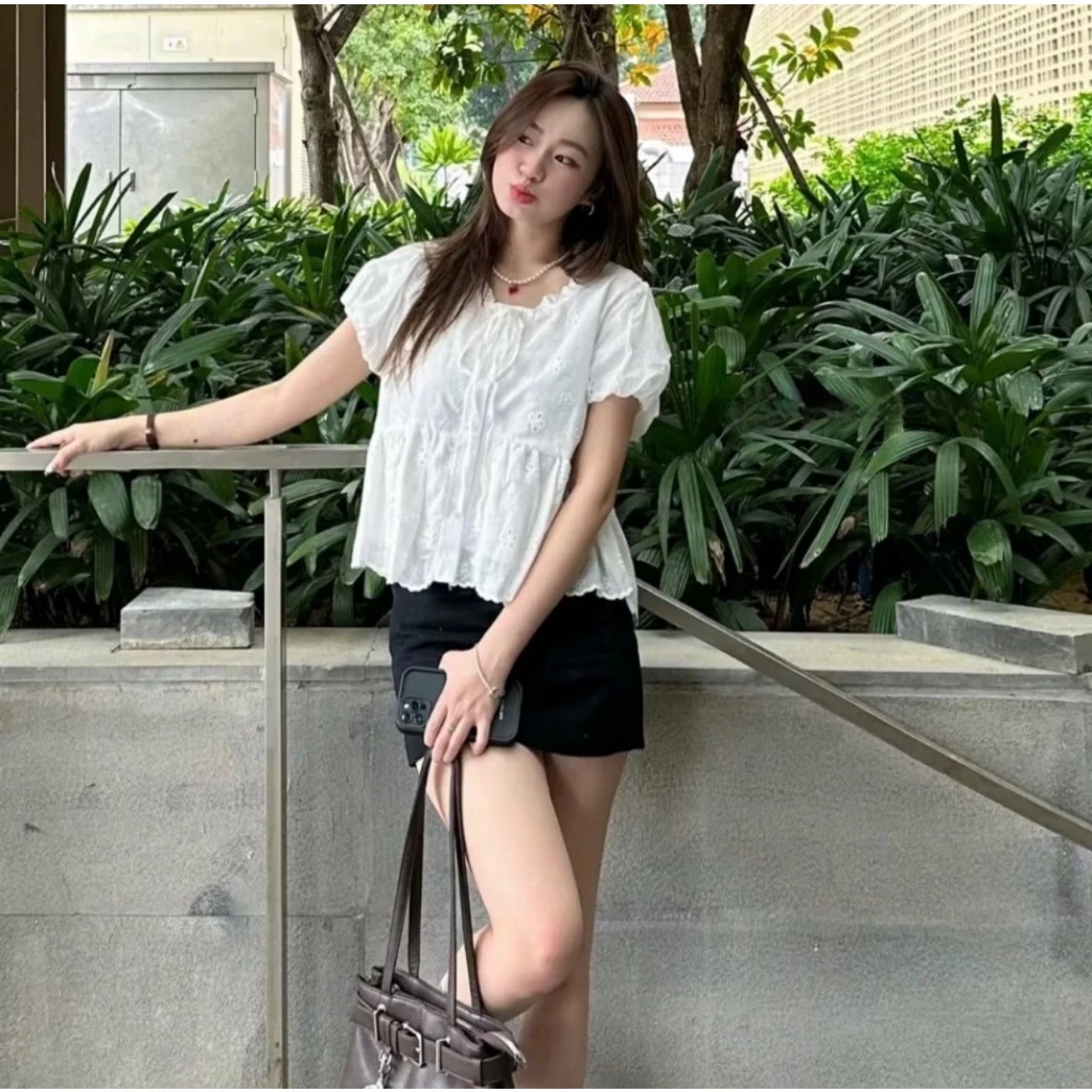 Áo babydoll cổ thắt nơ phối viền bèo tay bồng xinh xắn MUZA  A40