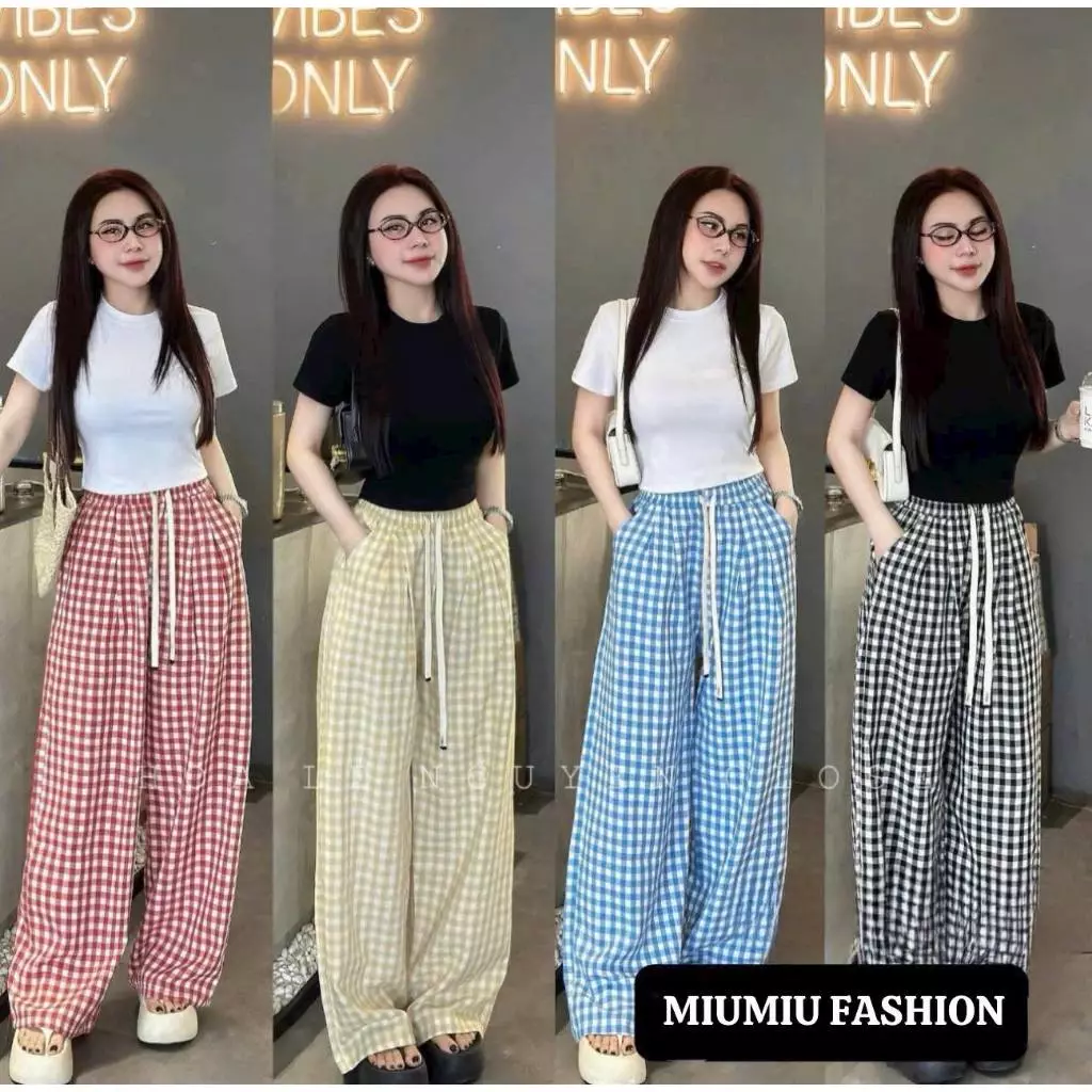 Quần Ống Rộng Kẻ Caro Thô  Đũi  Mềm Mịn Mát_m053