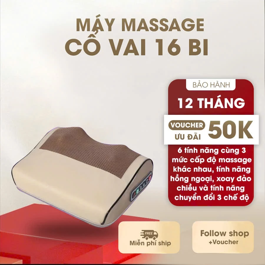 Gối massage cổ vai gáy, máy massage hồng ngoại 16 bi cao cấp