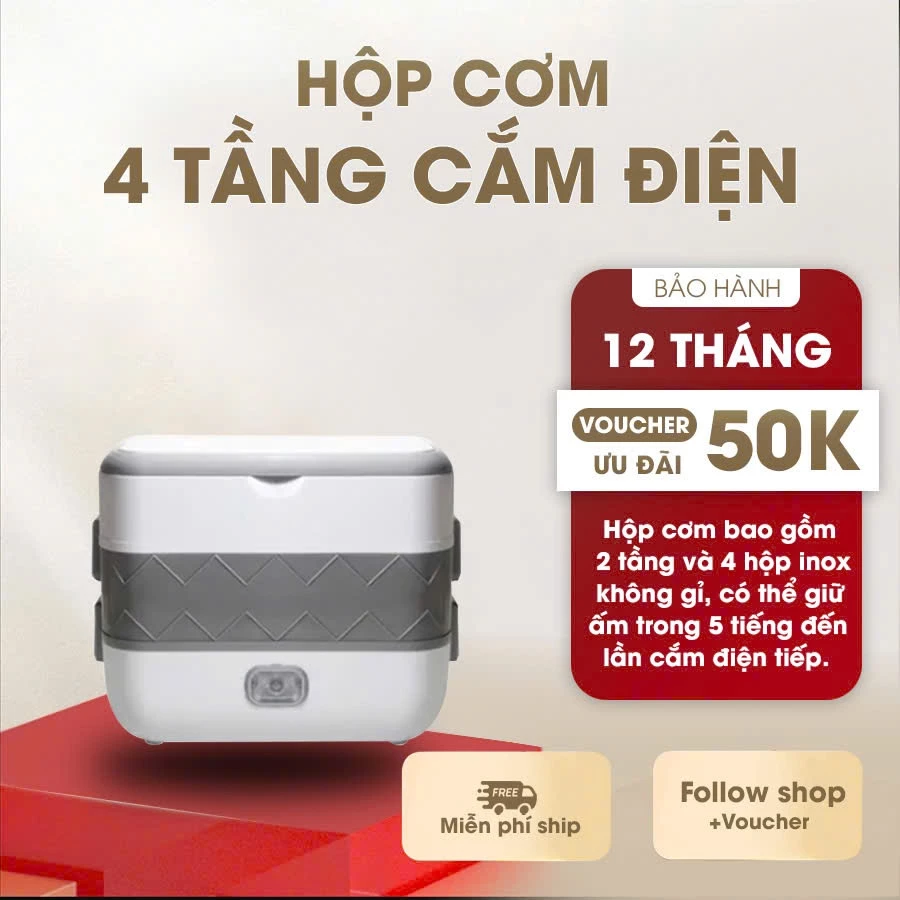 Hộp cơm cắm điện 2 tầng 4 ngăn inox giữ nhiệt hâm đóng và tự nấu chín thức ăn, Cà Men Đựng Cơm Đi Làm. New - HC2 New