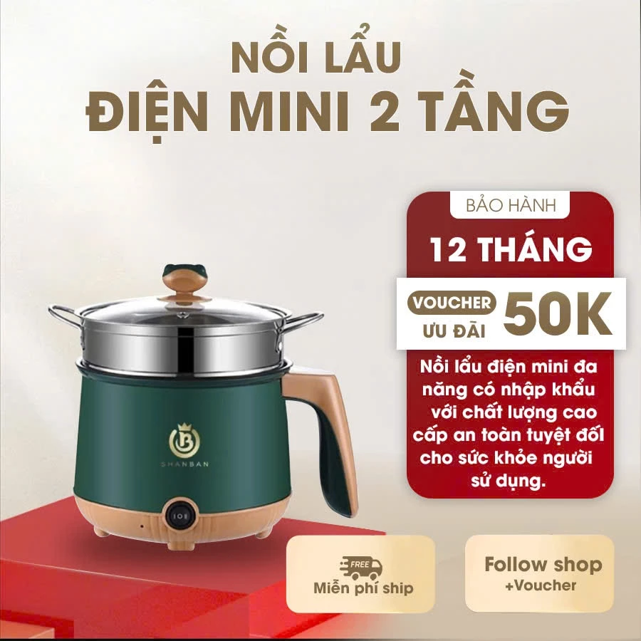 Nồi Lẩu Điện Mini, Nấu Mì 2 Tầng Kèm Giá Hấp Đa Năng  Nướng, Luộc, Chiên Chống Dính Vấn Đá Tiện Lợi, Ca nấu mì - N2 New