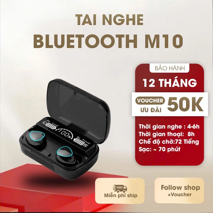 Tai nghe bluetooth M10 Pin Trâu 2500maH âm thanh trung thực, Tai nghe nhét tai đèn Led đẹp mắt, hộp sạc có màn hình LED
