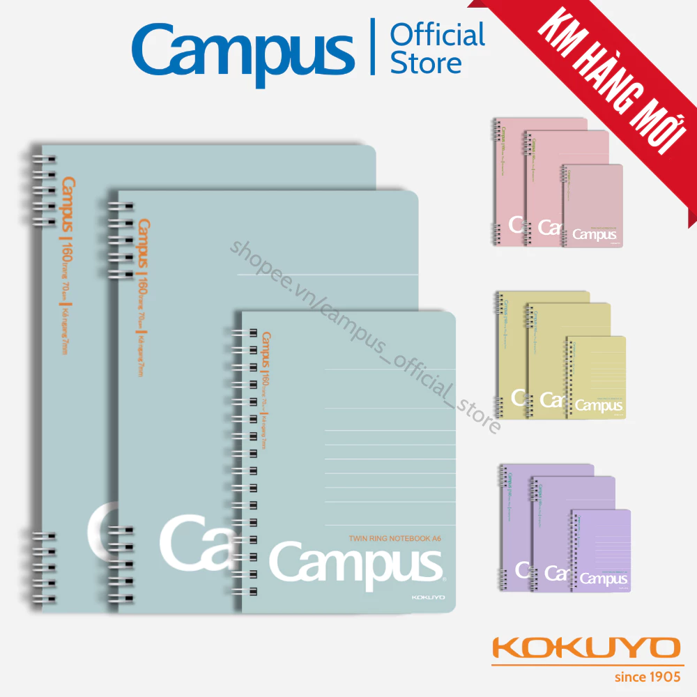 Sổ Lò Xo 4 màu KUSUMI, kích thước A6/A5/B5, 160tr kẻ ngang 7mm, chính hãng Campus