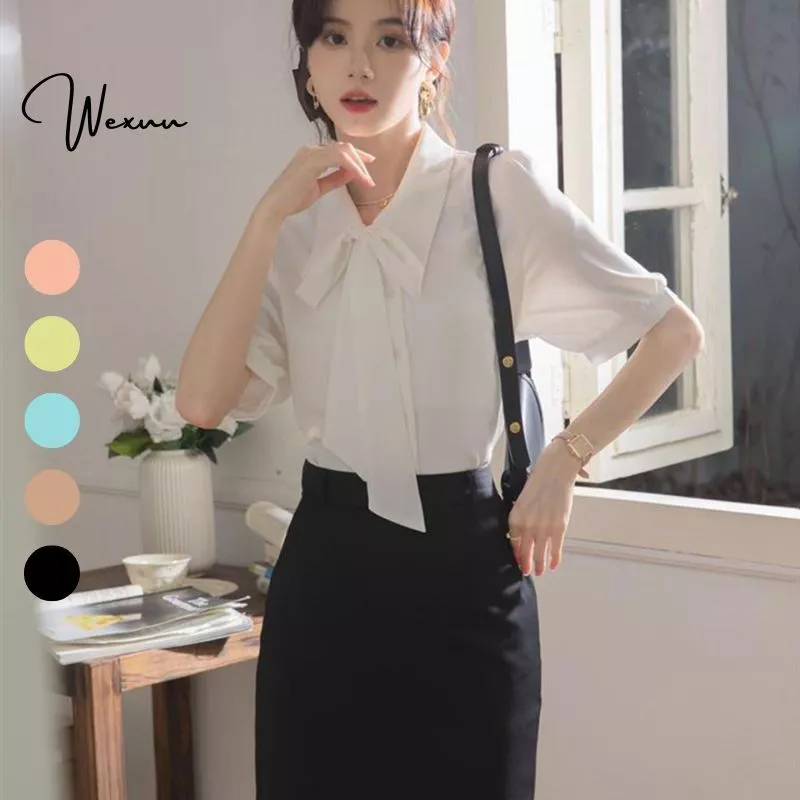 Áo Sơ Mi Nữ Cộc Tay Cổ Nơ Tháo Rời WEXUU Vải Lụa Hàn Mềm Mát Form Suông Tay Bồng Tiểu Thư - SP53