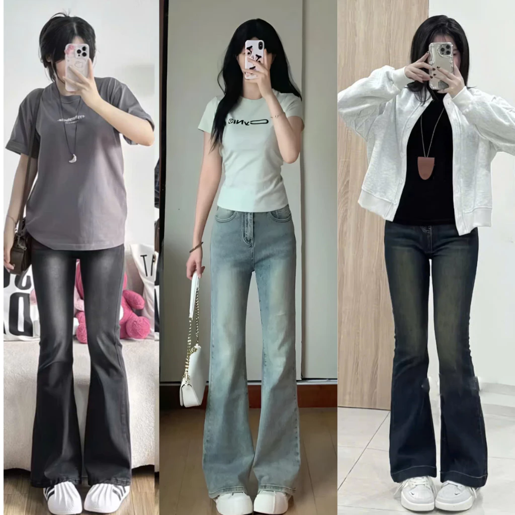 Quần Jeans nữ ống loe cạp cao MIAA Chất JEAN co giãn Dáng loe Đứng Rộng LƯNG CAO vải bò denim không phai màu xanh đen