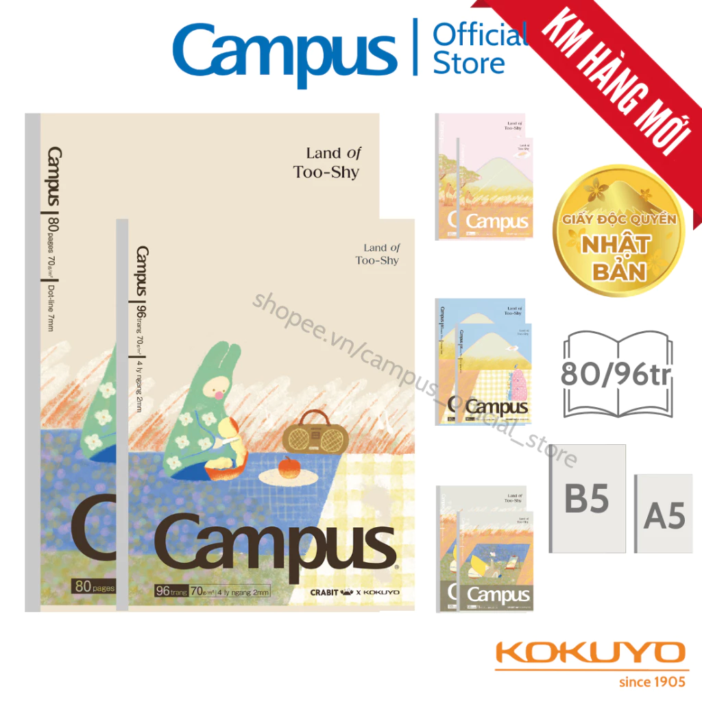 Vở (Tập) Gáy Keo Land of Too-Shy Giấy Nhập Nhật Kẻ ngang có chấm 7mm/4 ly ngang 80/96 Trang Khổ B5/A5 Chính Hãng Campus