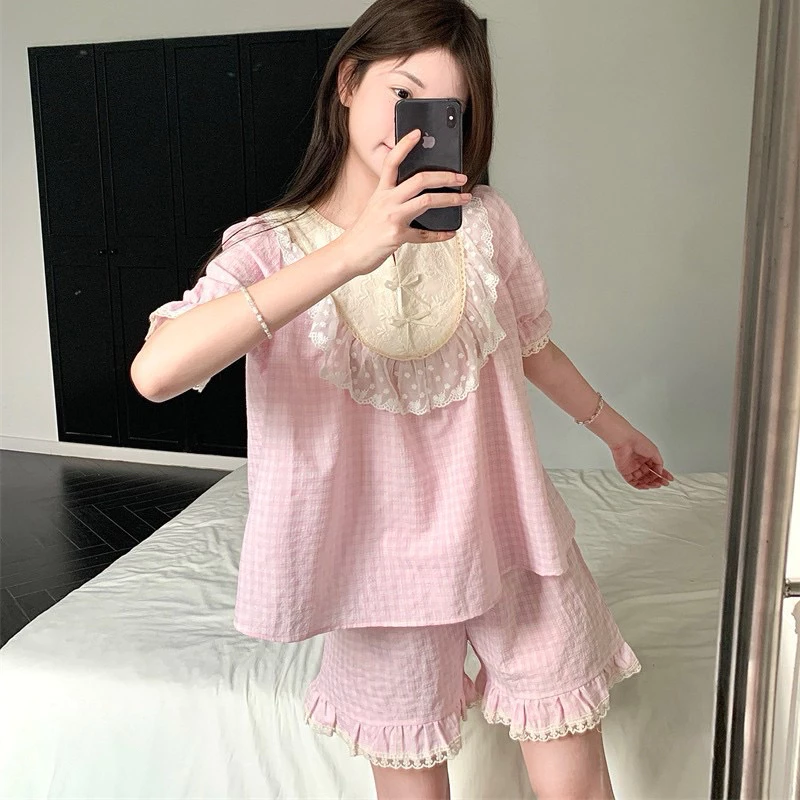 [SẴN] 724_Bộ ngủ nữ, pijama dài tay cổ bèo dáng babydoll chất cotton kẻ caro trắng hồng   | 9scat | Hàng QCCC
