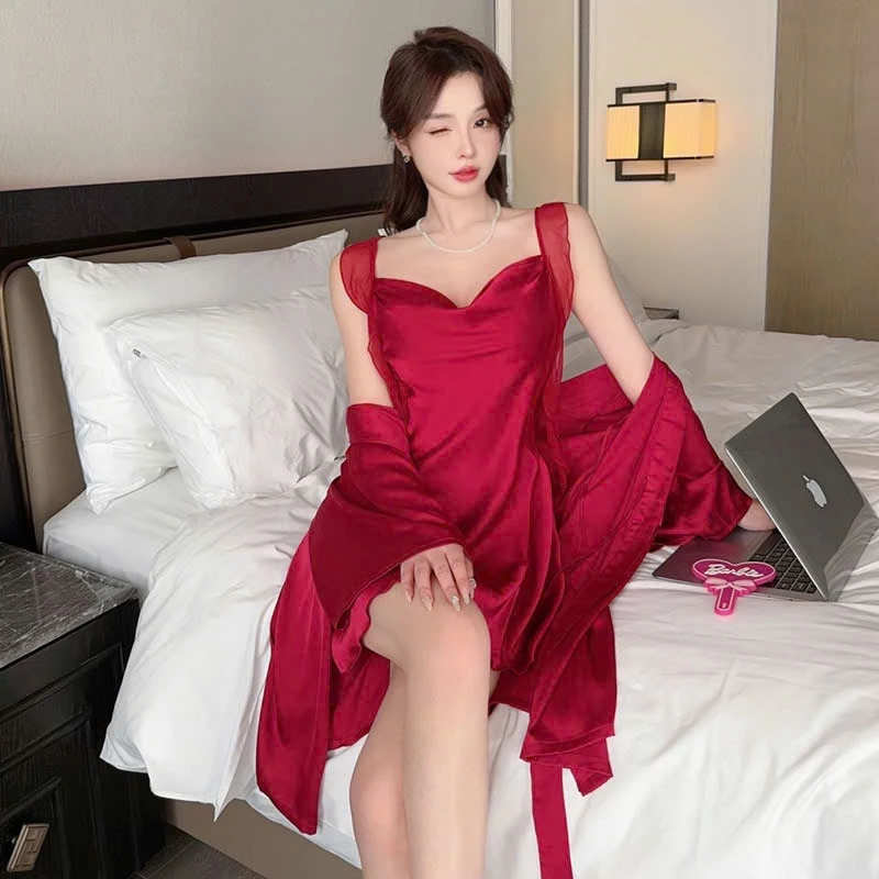 Váy Ngủ Kết Hợp Áo Khoác  Liceria-M08 Chất Lụa Trơn Kiểu Dáng Sexy Hot Girl Mặc Mùa Hè Rất Thoải Mái.